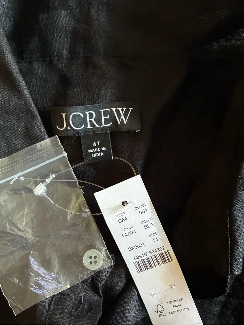 J. Crew Black Cerise shirt-dress in ramie with detachable lining.4T.NWT